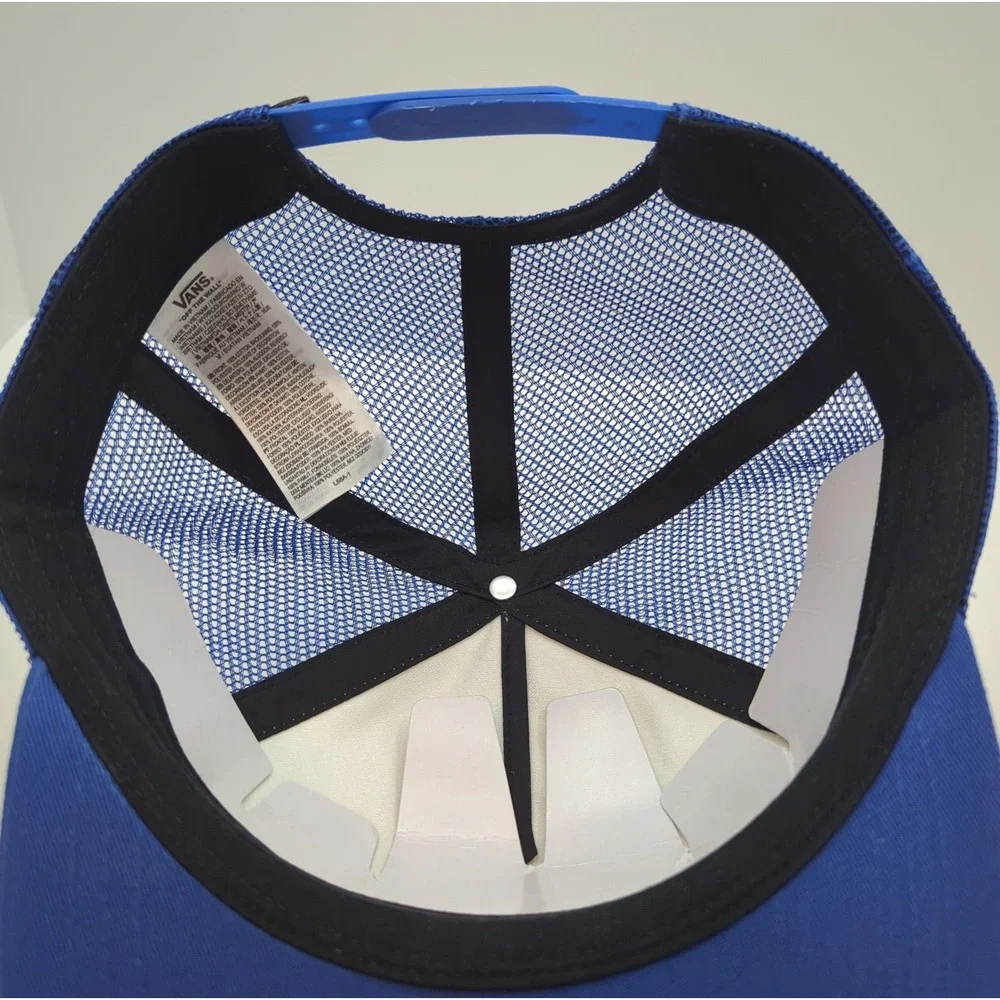 Vans Off The Wall Blue White Trucker Hat Snapback Mesh Logo Patch NWOT
